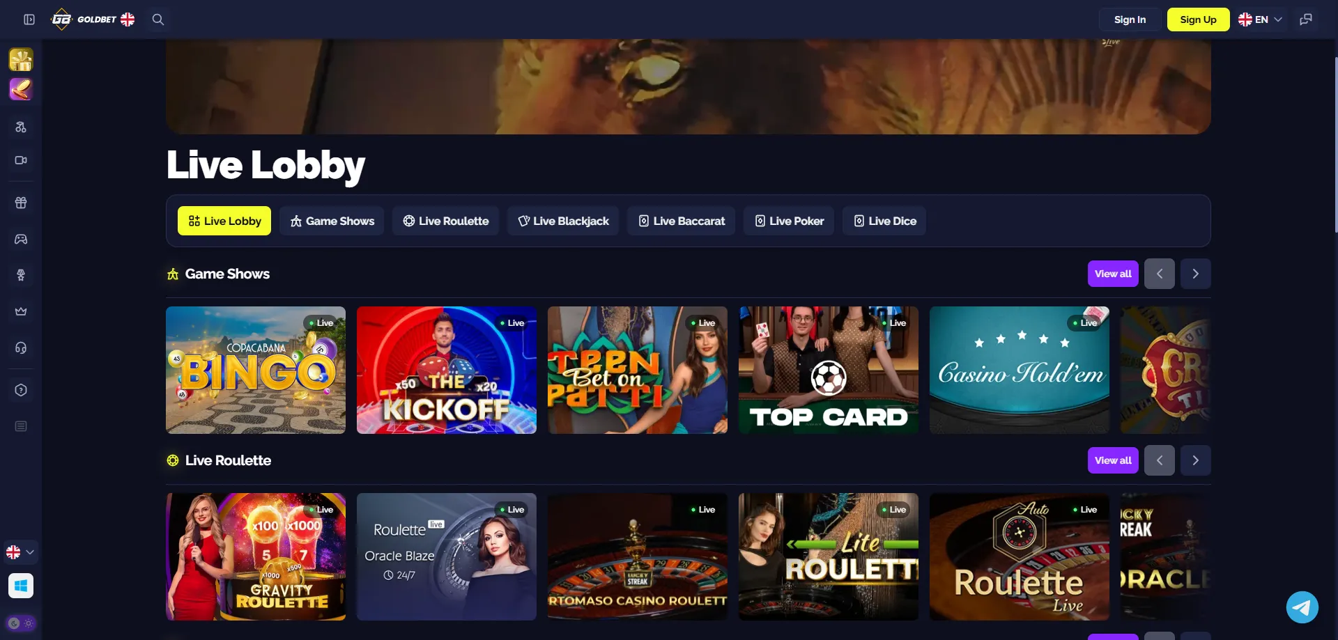 Goldbet Casino live dealer tables — roulette, blackjack and baccarat India