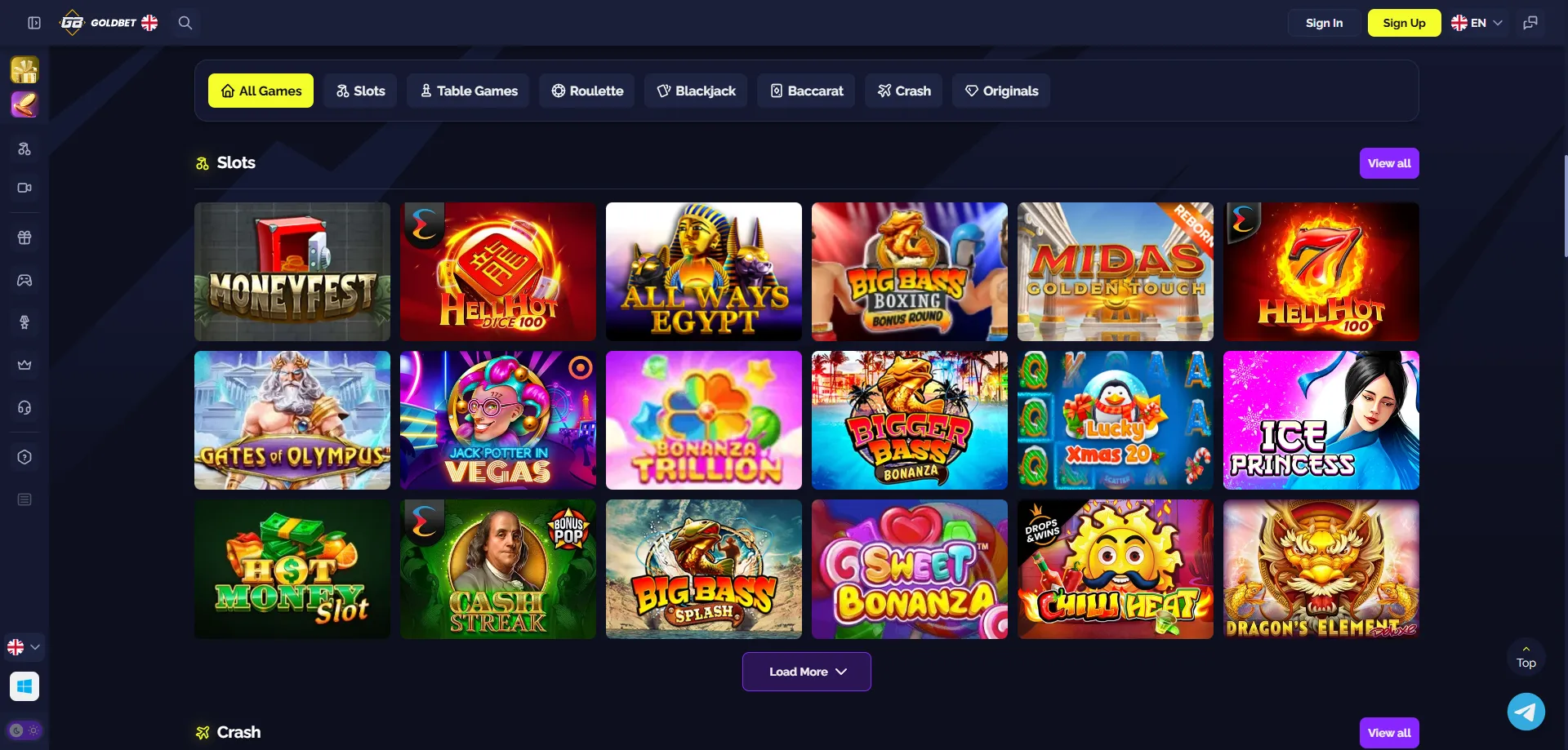 Goldbet Casino game library — slots, live dealer and crash games India
